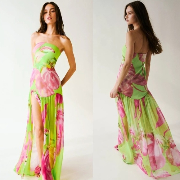 Retrofete Lime & Fuchsia Strapless Floral Maxi Gown - Picture 2 of 8